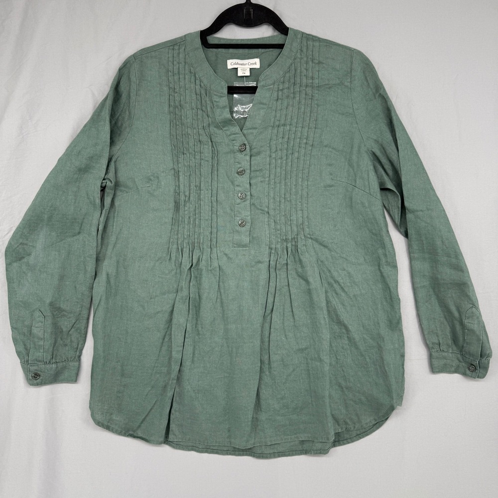 Coldwater Creek Linen Blouse Sage Green Pintuck Split Neck Top PM 18205